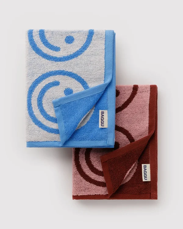 Hand Towel Set of 2 - Sky Blue and Blush Happy - Material: organic-cotton